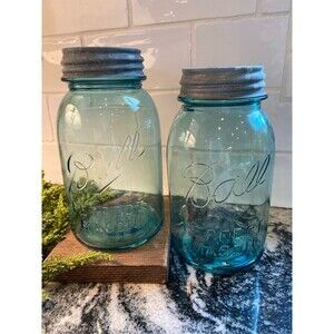 Vintage Ball Quart Mason Canning Jars (2) Vintage Blue w/ Zinc lids 8 on bottom